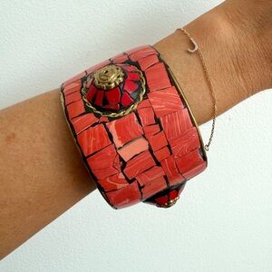 Vintage Brass & Orange Mosaic Ornate Bangle Bracelet